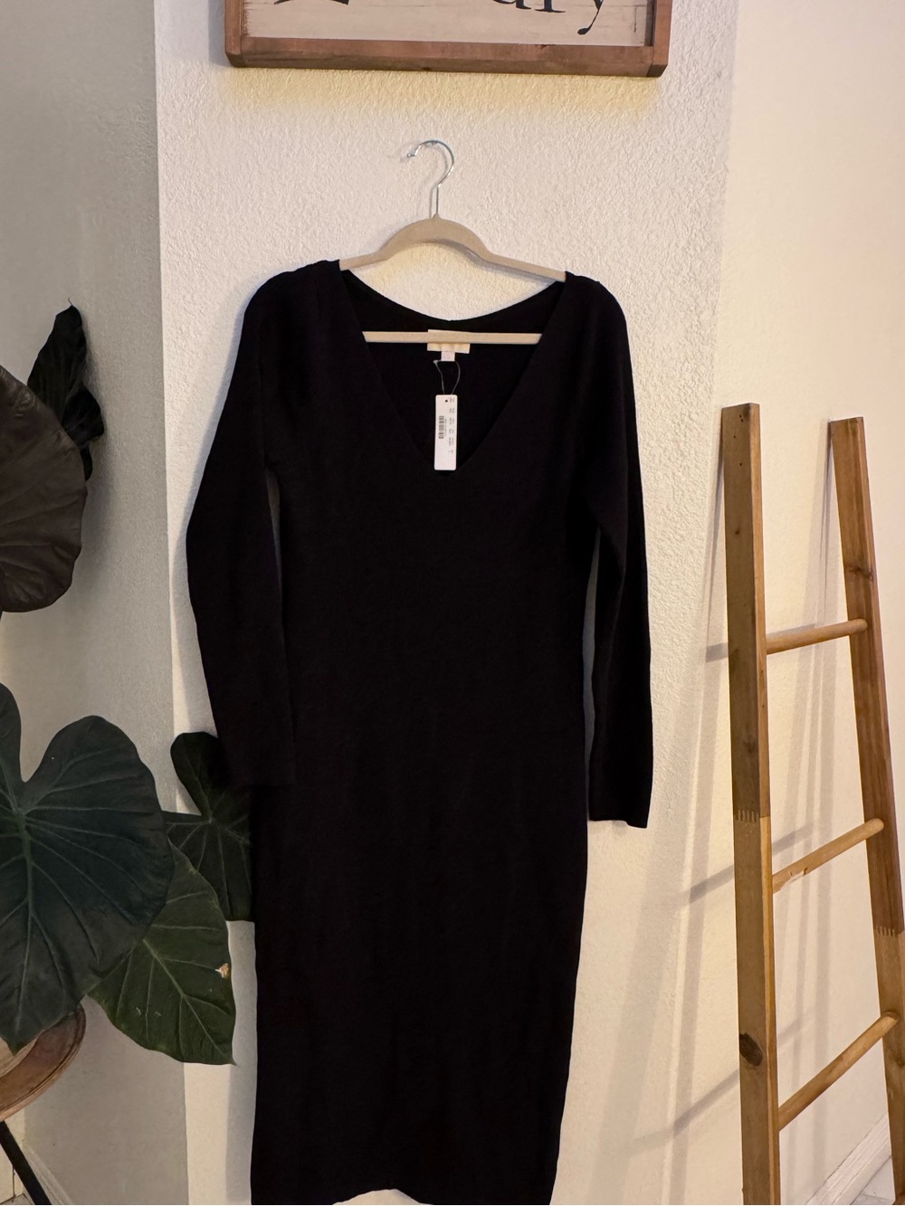 J. Crew Collection Black Knit V-Neck Midi Dress Ribbed Bodycon Great for Fall L